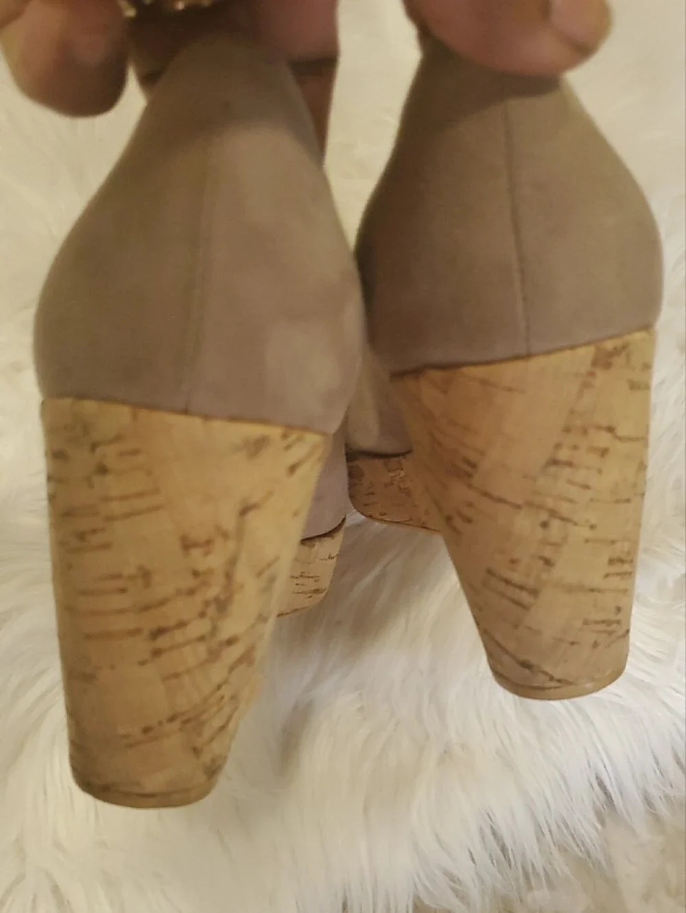 Stuart Weitzman Taupe Suede Cork Wedge Pumps Open Toe Size 9.5 - Picture 12 of 13